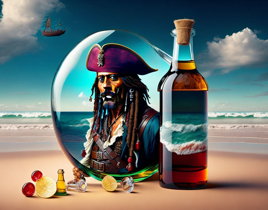 Surreal beach scene with pirate, floating ship, wave bottle, citrus fruits, and small bottles