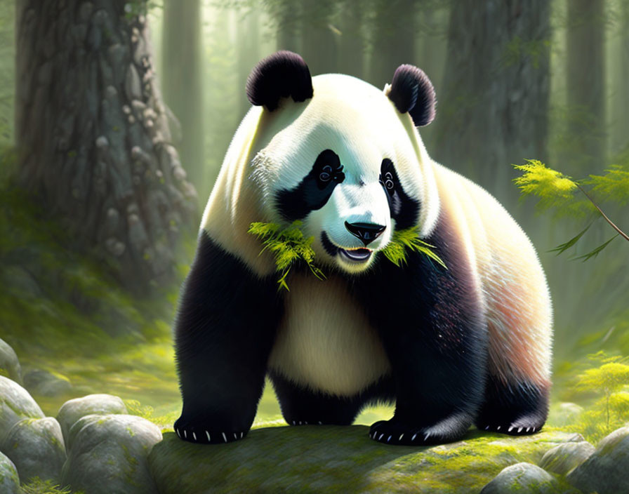 Colorful digital artwork: Panda with human-like eyes in forest.