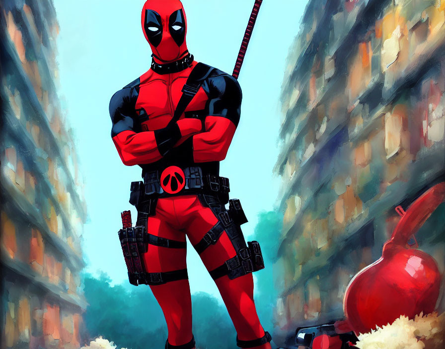 Confident Deadpool in red and black costume with crossed arms and swords, cityscape background