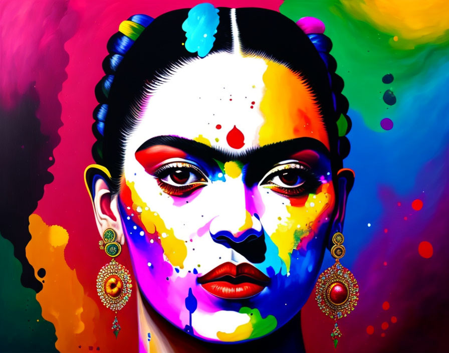 Colorful portrait of woman with traditional hairstyle and paint splashes