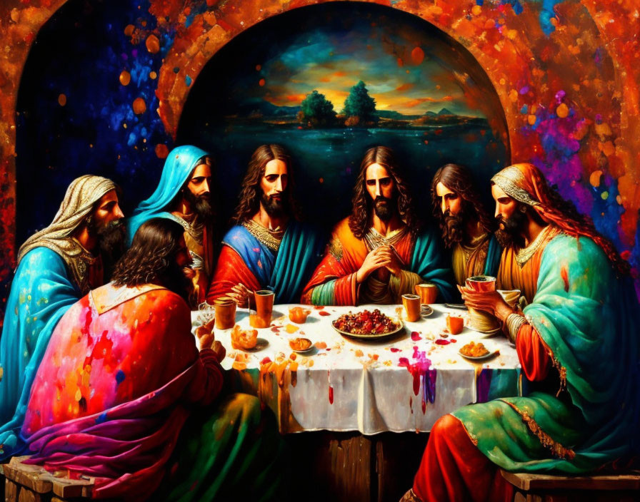 Colorful interpretation of The Last Supper with vibrant figures and richly-hued robes.