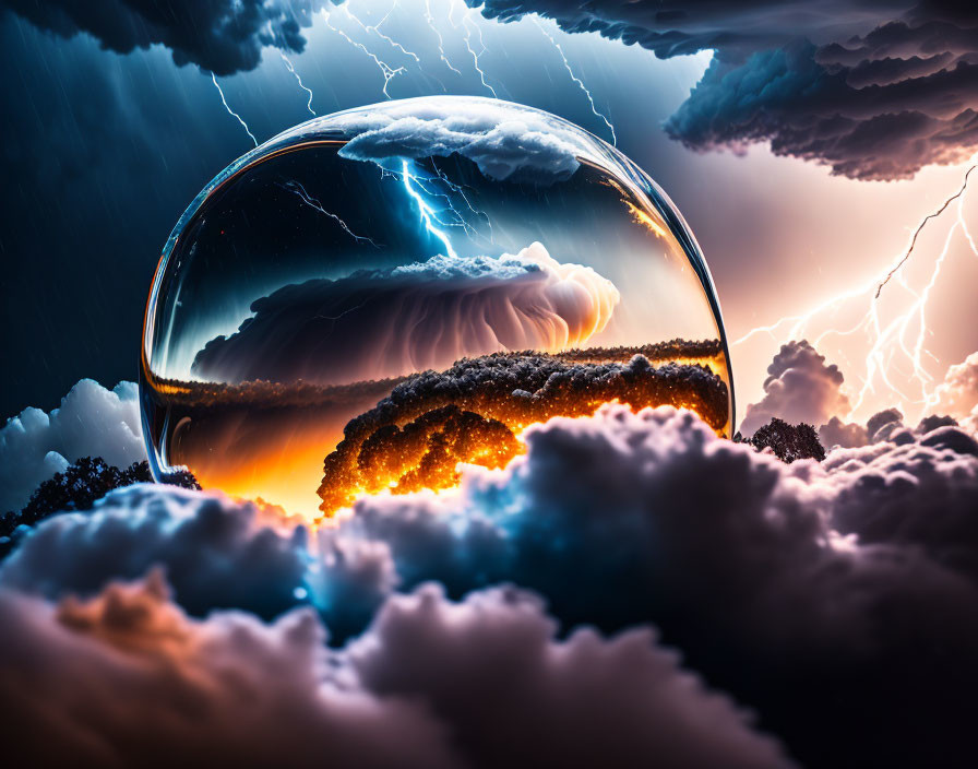 Bubble capturing storm with clouds, lightning, and fiery glow in dramatic scene