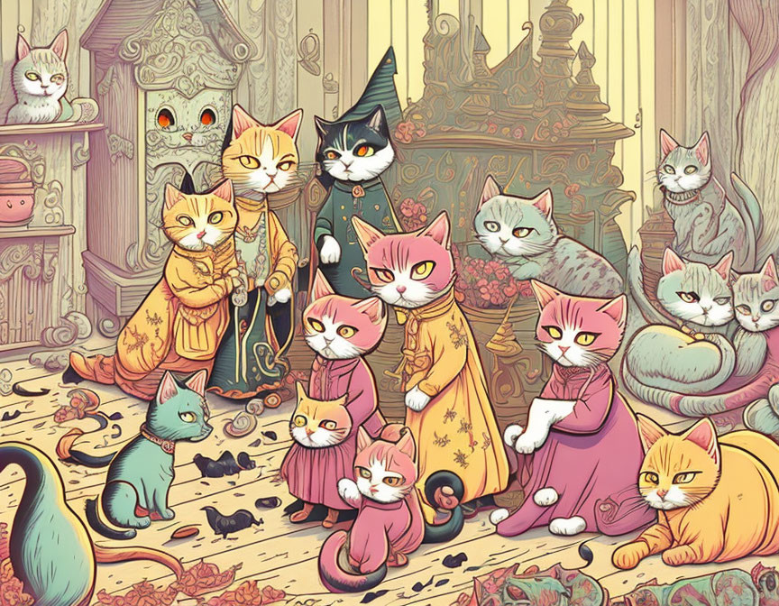 Regal anthropomorphic cats in vintage room with intricate details