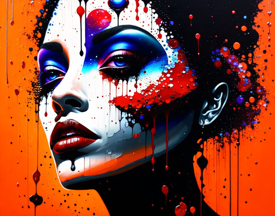 Vibrant woman's face portrait with red and blue paint on orange background