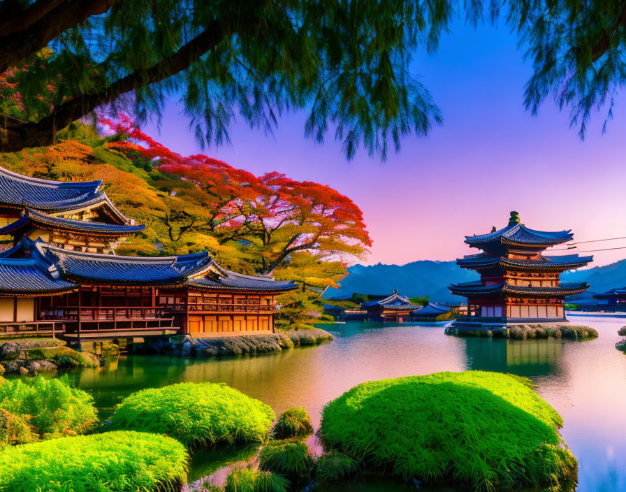 Tranquil Japanese garden with pavilions, pond, and red maple trees