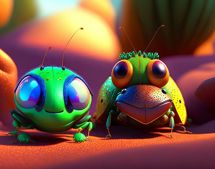 Animated stylized insects with expressive eyes on orange surface.