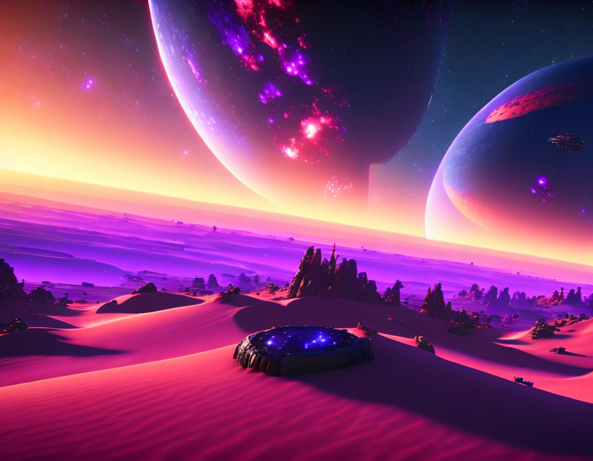 Alien desert landscape with purple sky and futuristic structure