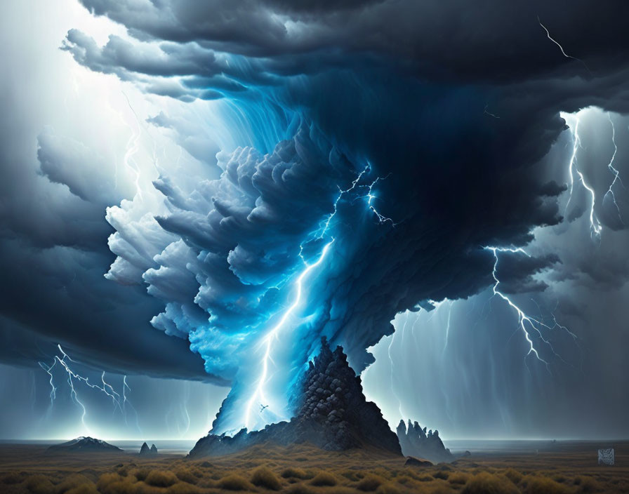 Dramatic landscape with towering supercell thunderstorm and intense lightning strikes