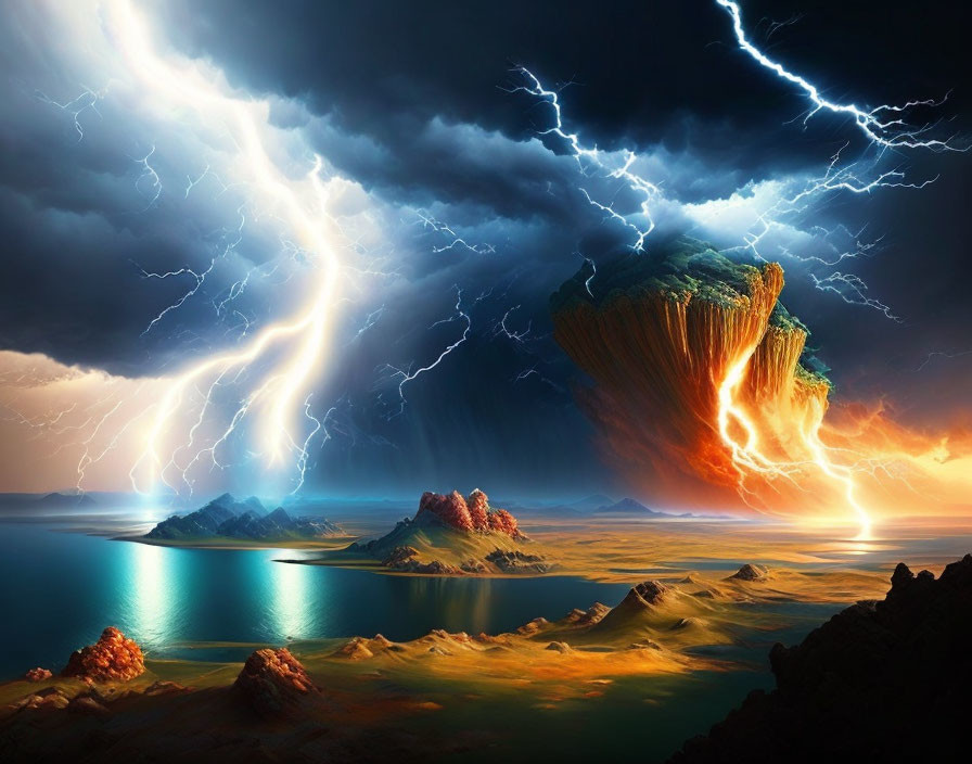 Floating Island Landscape with Lightning and Contrasting Tones