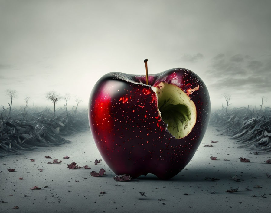 Glossy red apple with bite in desolate grey landscape