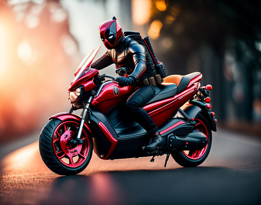 Person in red and black motorcycle suit riding sporty motorcycle at sunset