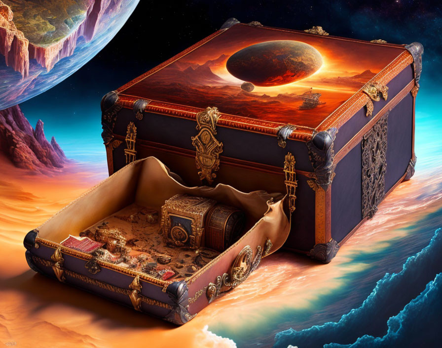 Antique Treasure Box with Miniature Fantasy Landscape on Cosmic Background