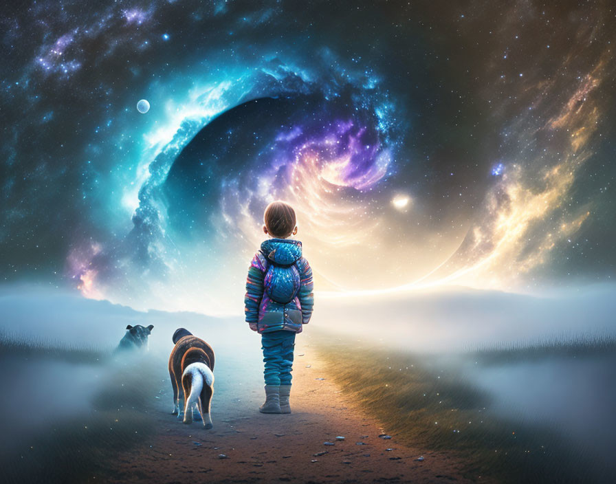 Child and dog observe surreal cosmic vortex in misty landscape with planets and stars.