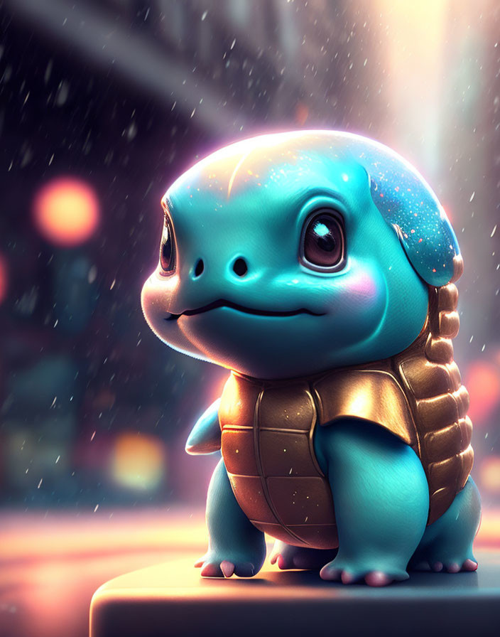 Stylized animated turtle with shiny blue shell in gentle snowfall