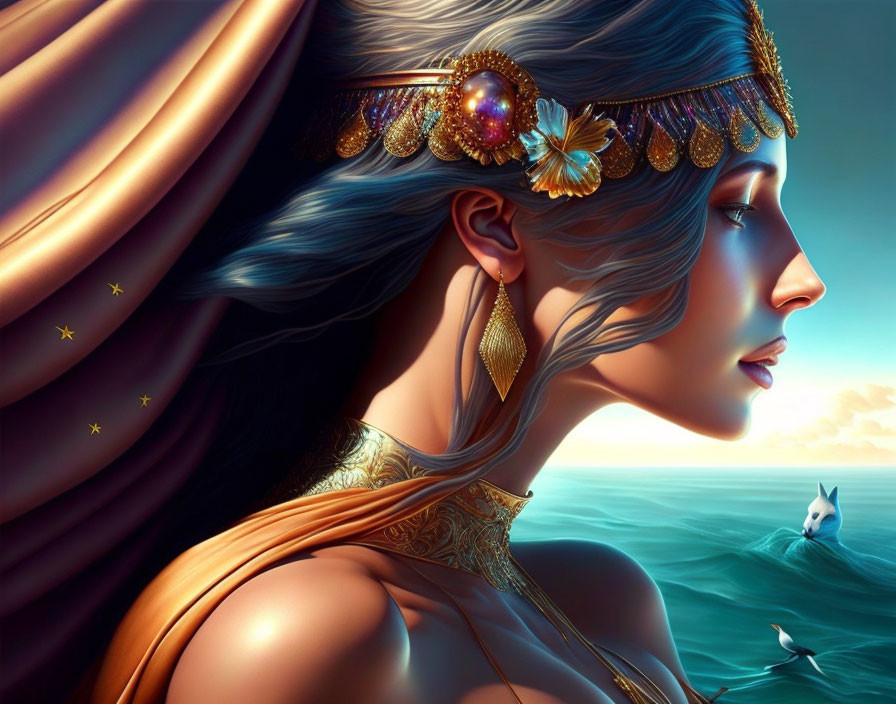 Woman with golden headpiece and flowing hair by the sea at sunset