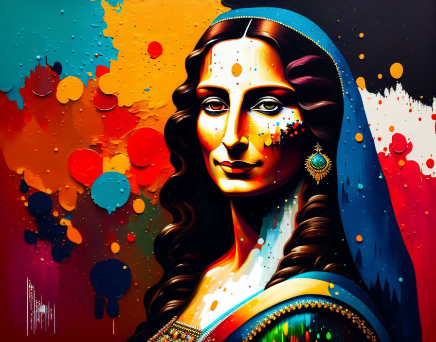 Colorful Modern Interpretation of Mona Lisa with Vibrant Splash-Paint Background