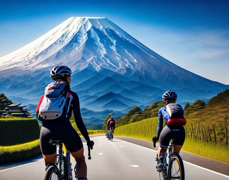 Cyclists on road with Mount Fuji backdrop on clear day