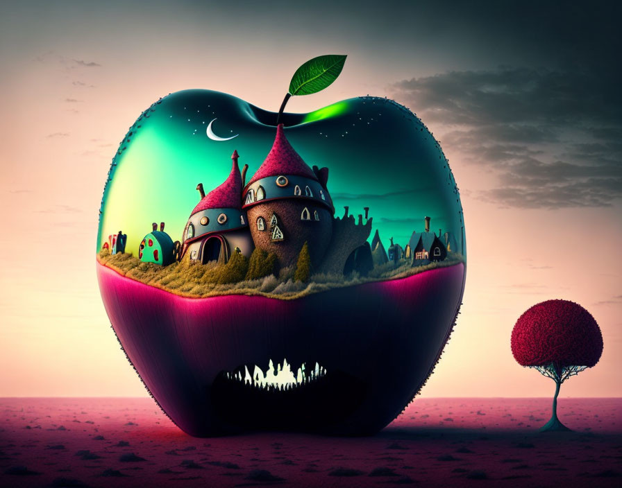 Surreal illustration of giant apple-shaped habitat with whimsical houses and winding path against twilight sky and