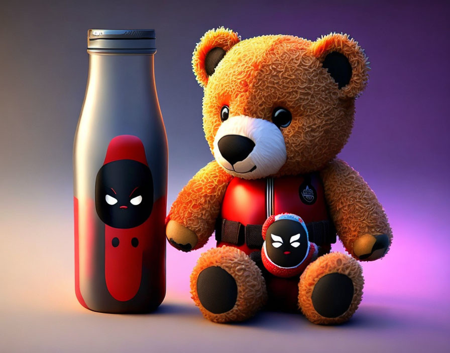 Fluffy Deadpool-themed teddy bear with stainless steel bottle on purple background