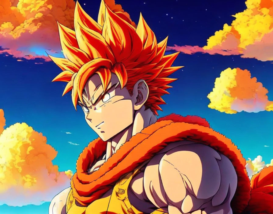 Muscular anime character with spiky orange hair in orange and blue outfit against blue sky and orange