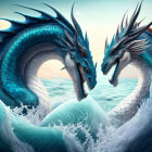 Warriors on boat confront giant two-headed sea dragon in stormy seas