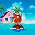 Vibrant illustration of man with white beard on turtles in front of pink building