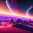 Alien desert landscape with purple sky and futuristic structure