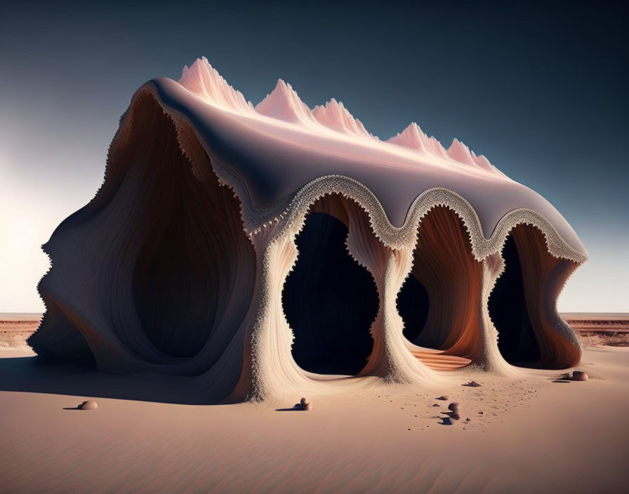 Surreal desert landscape with cave-like formations and graduated sky