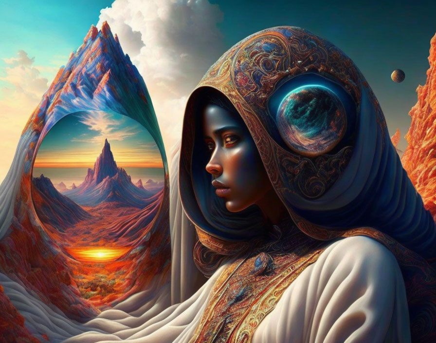 Detailed cosmic headscarf woman gazes at alien landscape with red rocks