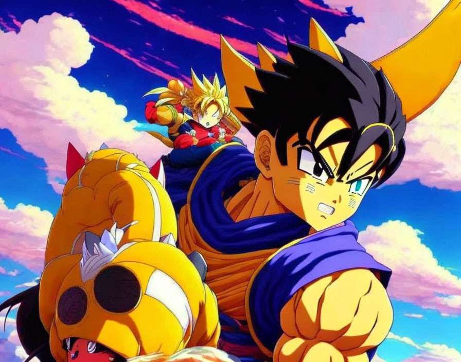 Spiky-Haired Character in Orange and Blue Outfit with Golden Transformation in Anime Image