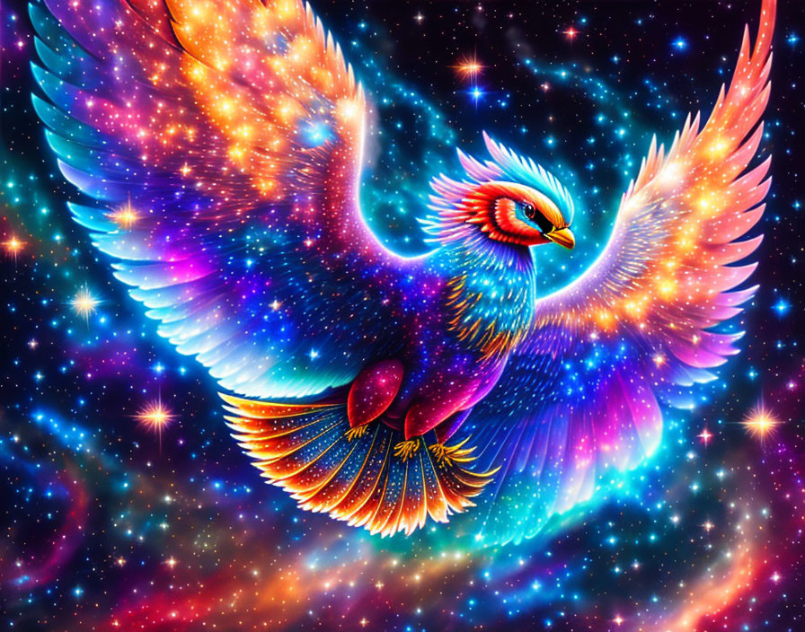 Mythical phoenix digital artwork with multicolored feathers in cosmic sky