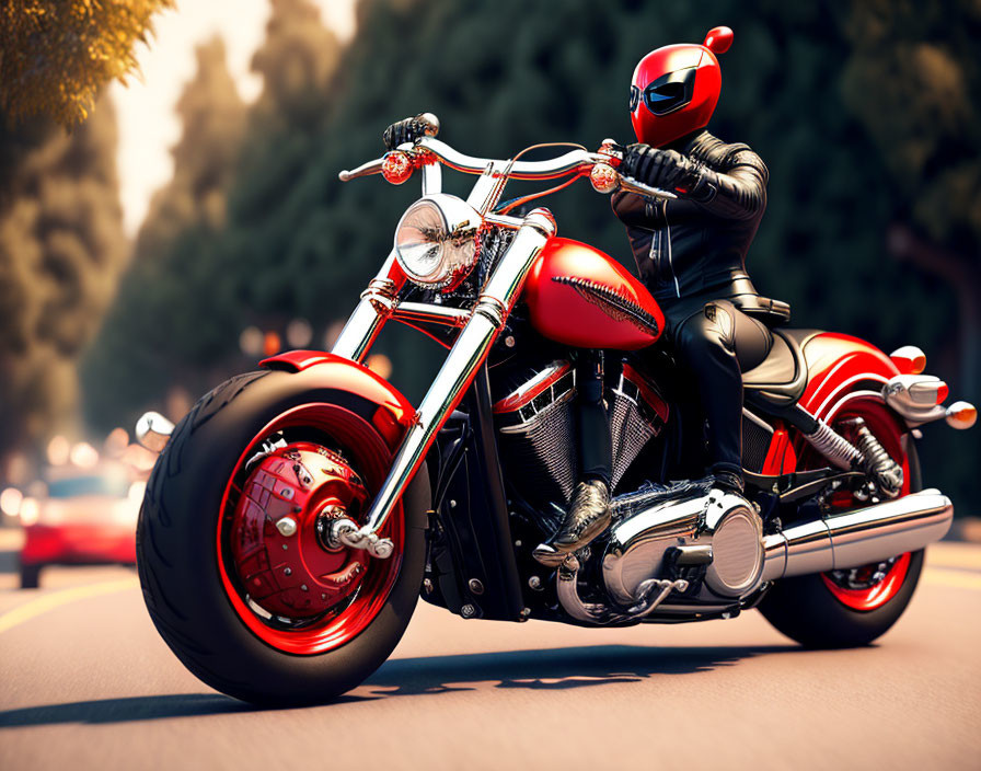 Person in black suit and red helmet riding shiny motorcycle on sunlit road.