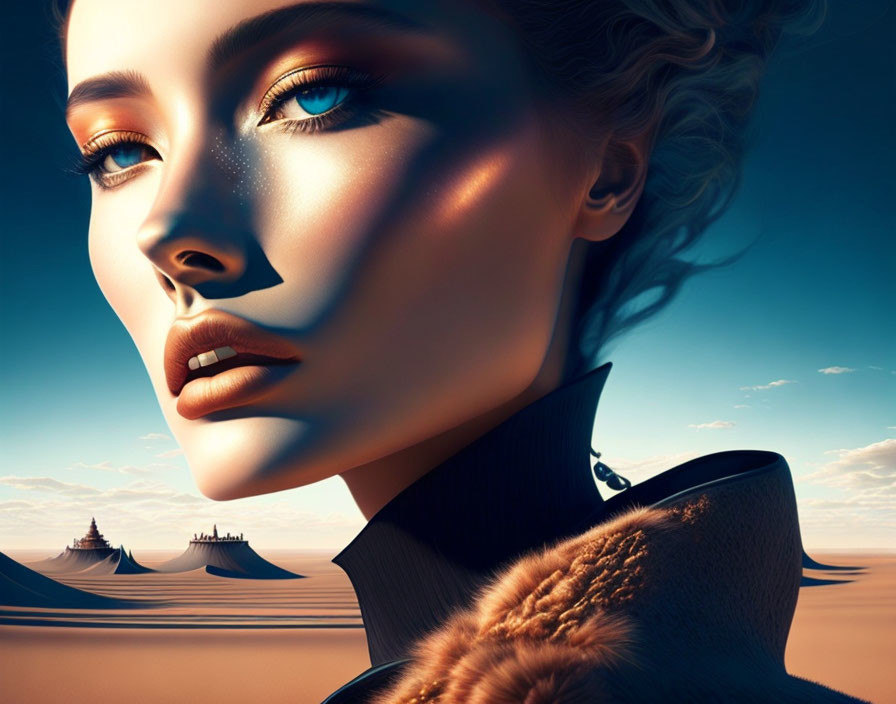 Hyper-realistic digital artwork: Woman with blue eyes in warm desert light