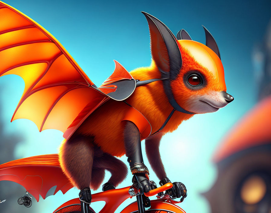 Orange Bat-Fox on Red Bicycle with Blue Background