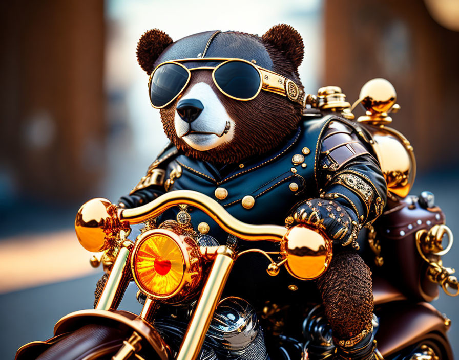 Plush bear in aviator goggles on metallic motorcycle