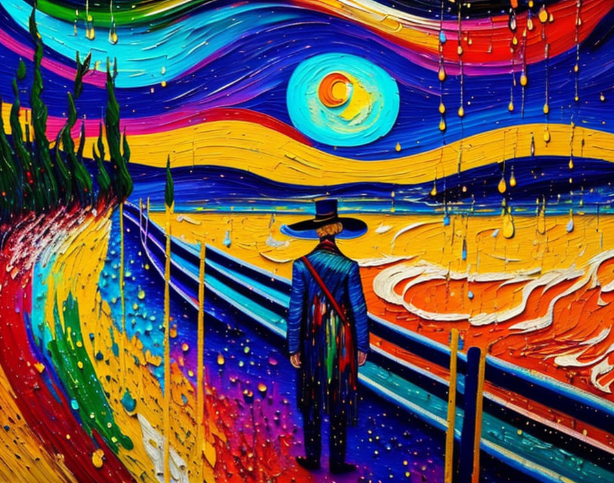 Vibrant painting of figure in hat on swirling path under starry sky