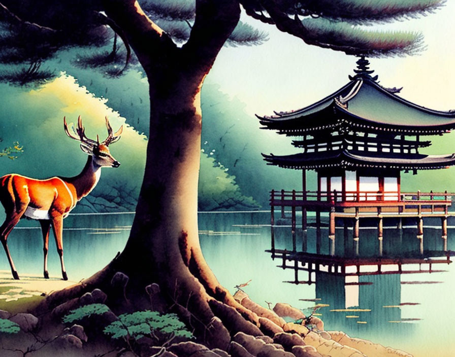 Tranquil deer by lake with Japanese pagoda and lush greenery