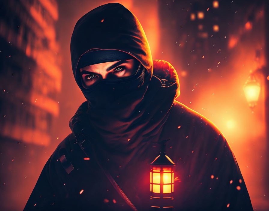 Person in black ninja outfit holding lantern against fiery backdrop with falling snowflakes