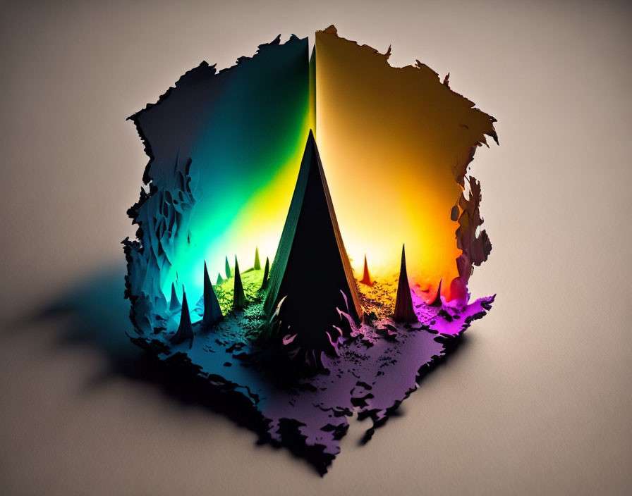 Paper sculpture of forest, tent, starry sky, blue-purple-yellow lighting