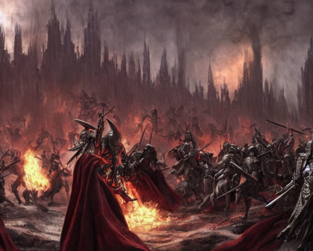 Warriors in armor on fiery landscape with spire-like structures