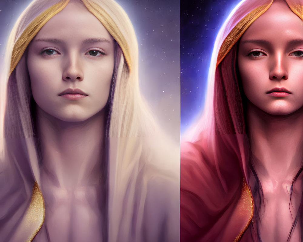 Character portrait with split backgrounds: bright starry sky vs. purple-hued.