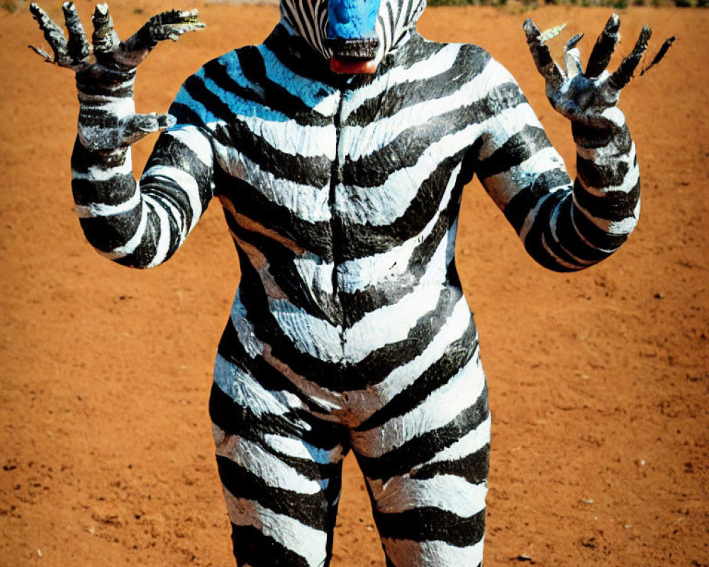 Person in zebra costume with face paint posing in desert landscape