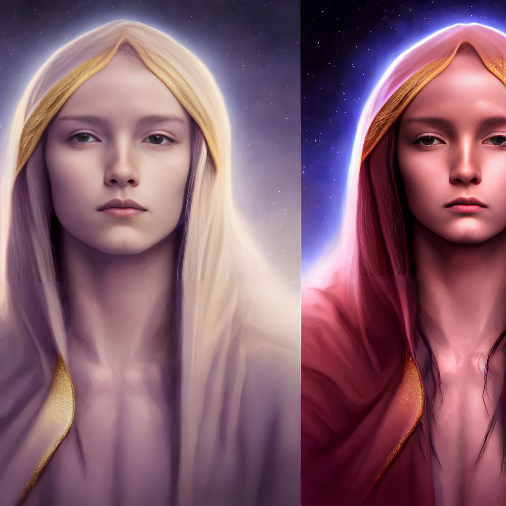 Character portrait with split backgrounds: bright starry sky vs. purple-hued.