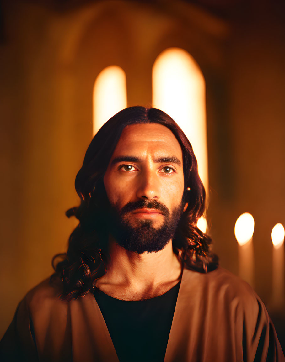 Bearded man in brown robe with contemplative expression among lit candles