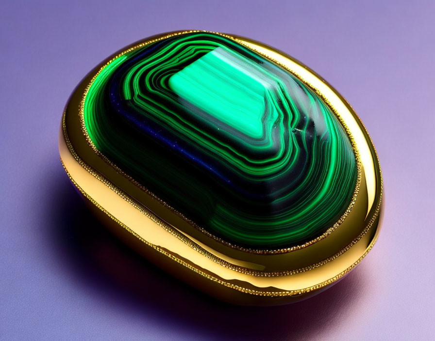 Polished Oval Malachite Stone in Metallic Gold Setting on Purple Background