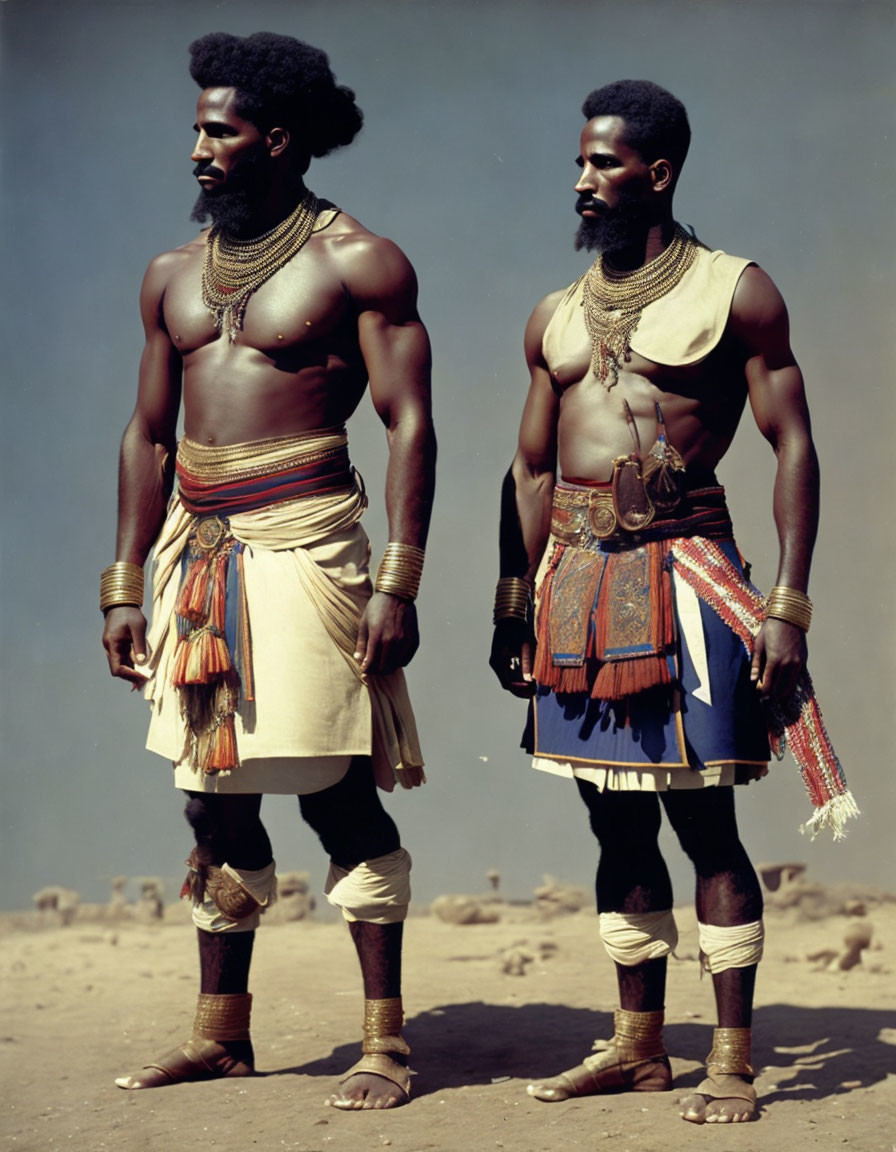 Traditional jewelry and garments worn by two men standing together.