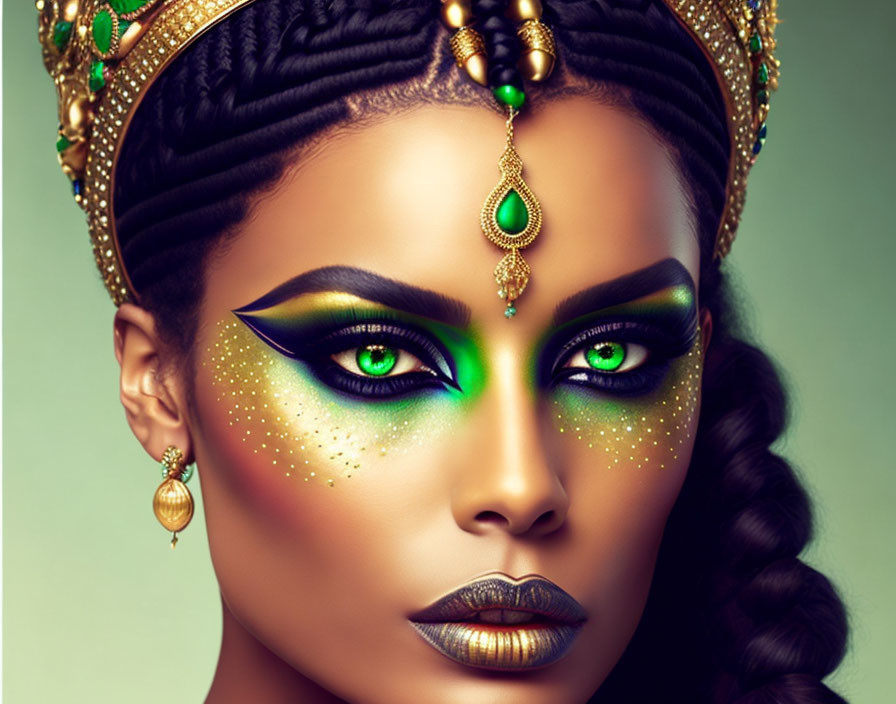 Intricate green and gold makeup on a woman with jeweled headpiece and striking eye contact