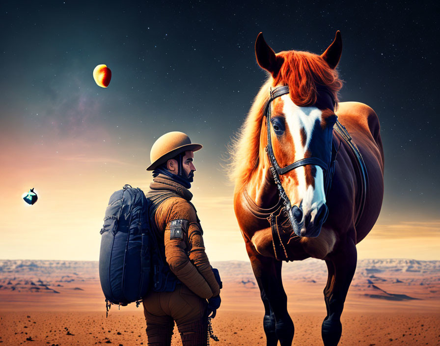 Traveler in spacesuit with horse on alien desert terrain under two moons