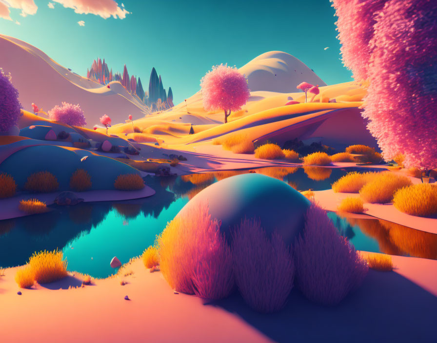 Surreal landscape with pink and orange hues and reflective water bodies