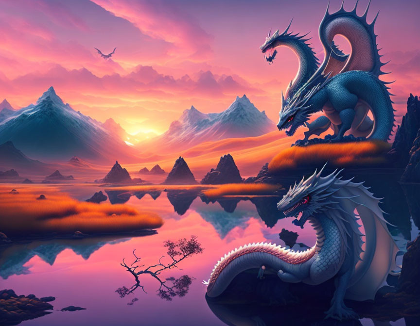 Fantasy illustration: Two dragons by tranquil lake, mountains, vibrant sunset